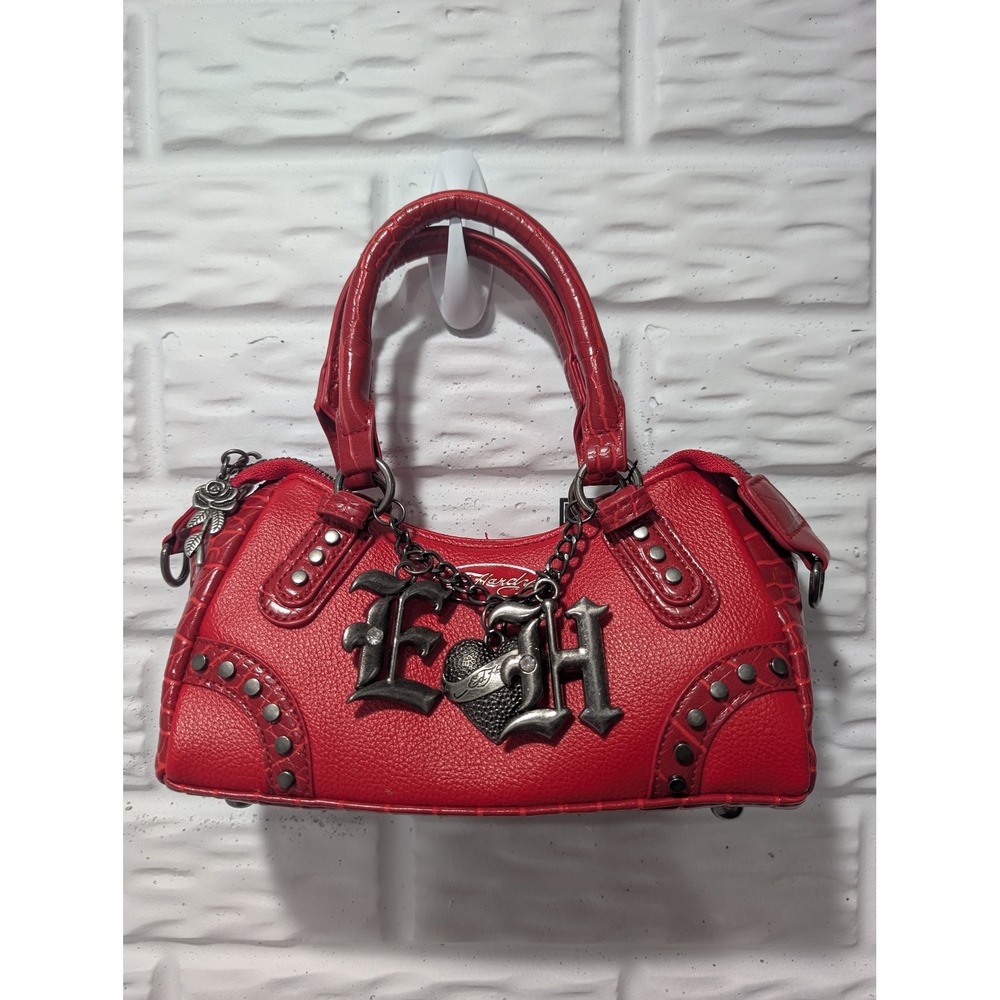 Ed Hardy Red Vegan Leather Shoulder Bag Gothic Rock EH Logo Y2K Heart Charm NWT